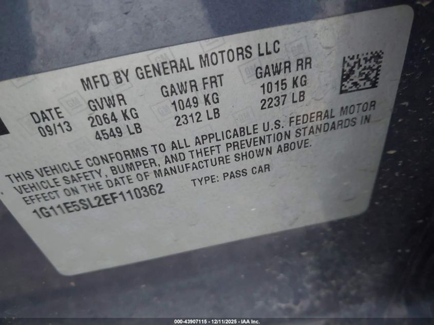 2014 Chevrolet Malibu 2Lt VIN: 1G11E5SL2EF110362 Lot: 43907115
