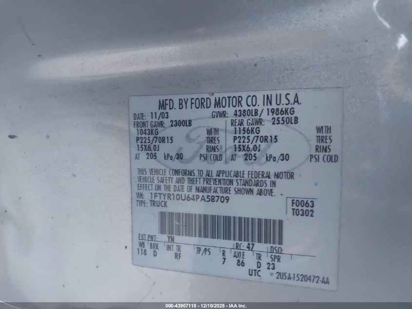 2004 Ford Ranger Edge/Xl/Xlt VIN: 1FTYR10U64PA58709 Lot: 43907118