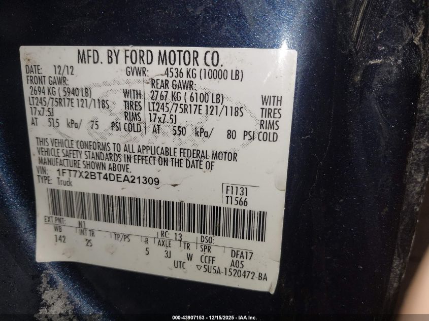 2013 Ford F-250 Xlt VIN: 1FT7X2BT4DEA21309 Lot: 43907153