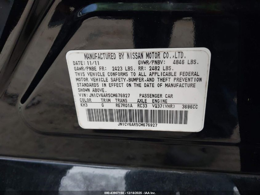 2012 Infiniti G37X VIN: JN1CV6AR5CM676927 Lot: 43907158