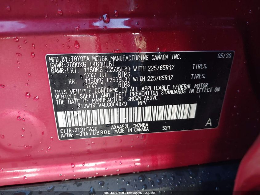 2020 Toyota Rav4 Xle VIN: 2T3W1RFV4LC064879 Lot: 43907160