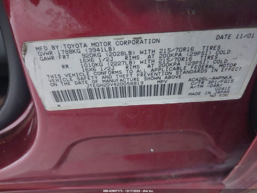 2002 Toyota Rav4 VIN: JTEGH20V420058819 Lot: 43907173