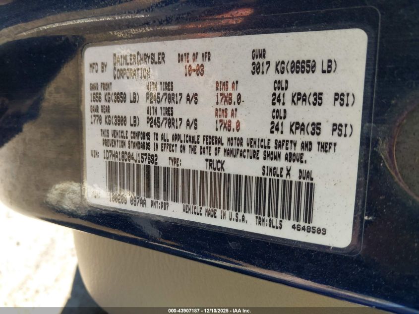 2004 Dodge Ram 1500 Slt/Laramie VIN: 1D7HA18D04J157692 Lot: 43907187