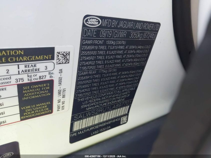 2020 Land Rover Range Rover Sport Hst Mhev VIN: SALWS2RU1LA897701 Lot: 43907198