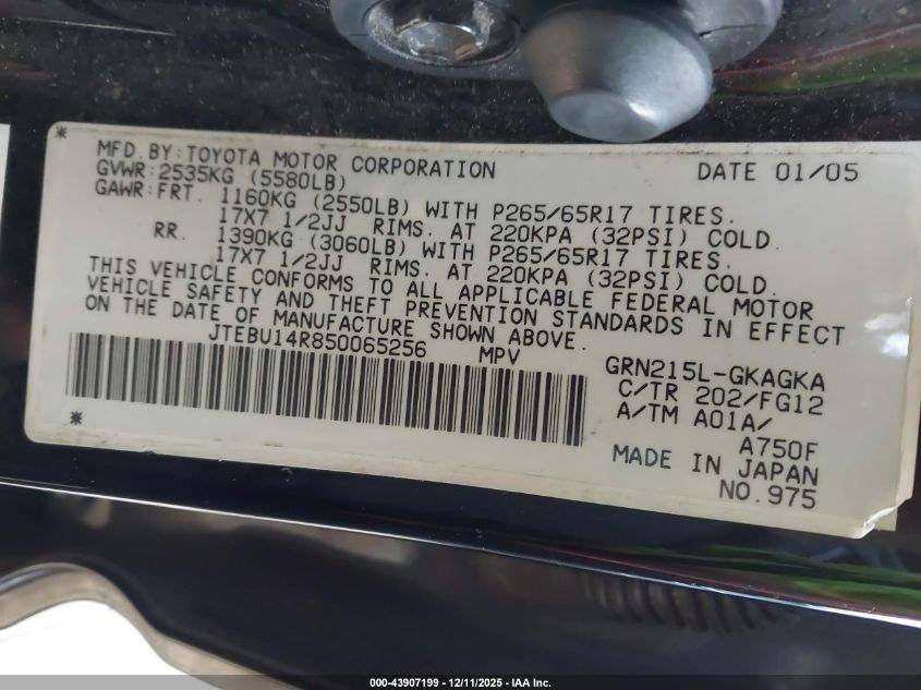 2005 Toyota 4Runner Sr5 V6 VIN: JTEBU14R850065256 Lot: 43907199