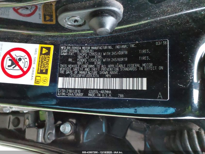 2018 Toyota Highlander Xle VIN: 5TDJZRFH7JS543274 Lot: 43907200