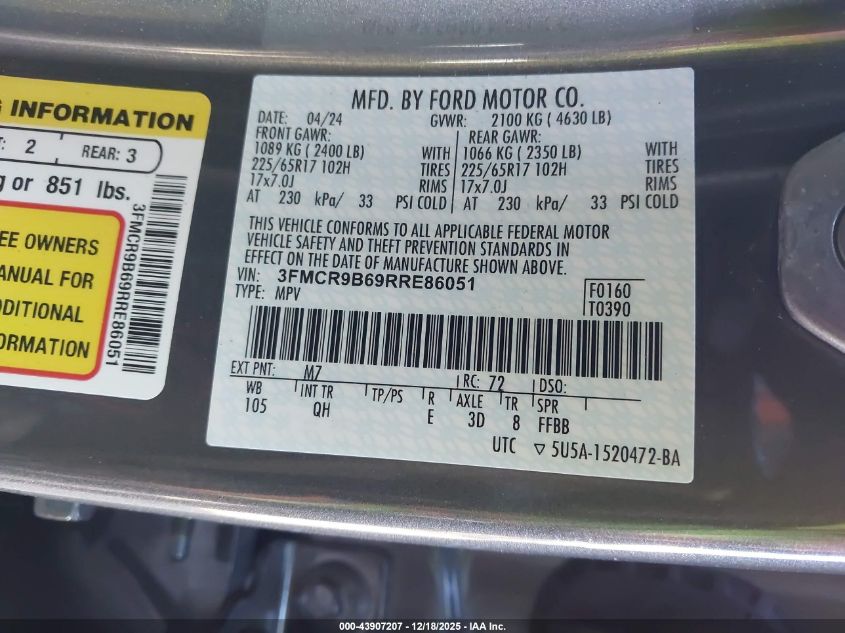 2024 Ford Bronco Sport Big Bend VIN: 3FMCR9B69RRE86051 Lot: 43907207