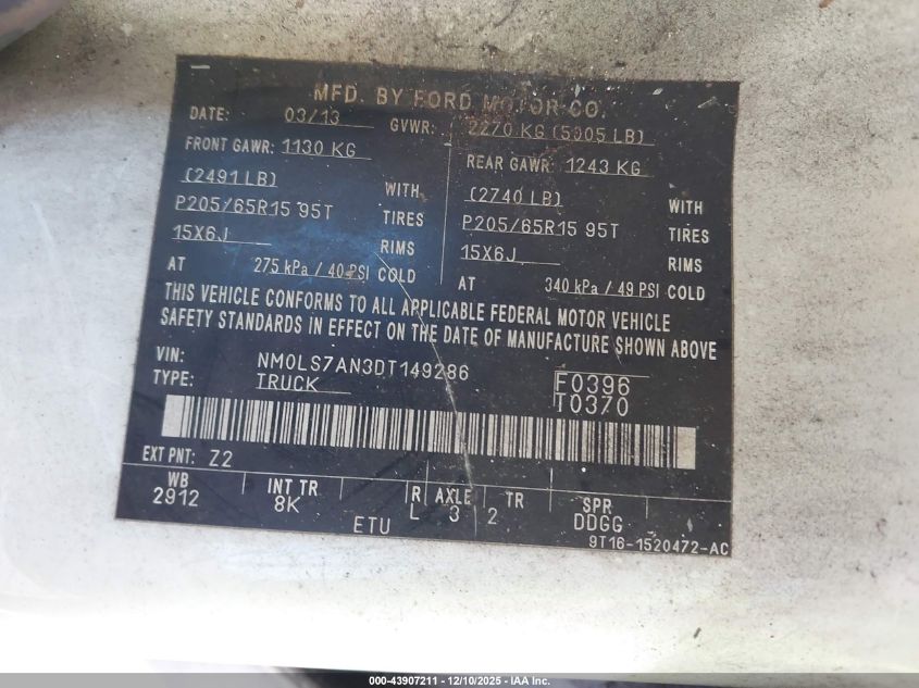 2013 Ford Transit Connect Xl VIN: NM0LS7AN3DT149286 Lot: 43907211