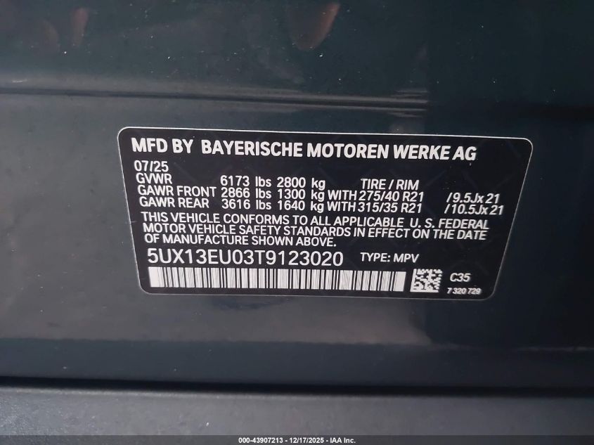 2026 BMW X5 Sdrive40I VIN: 5UX13EU03T9123020 Lot: 43907213