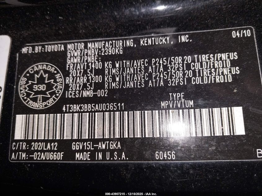 2010 Toyota Venza Base V6 VIN: 4T3BK3BB5AU036511 Lot: 43907215