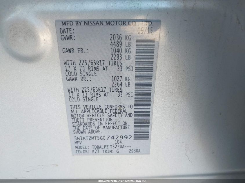 2016 Nissan Rogue S/Sl/Sv VIN: 5N1AT2MT5GC742992 Lot: 43907216