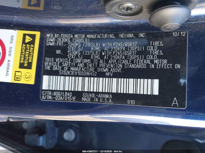 2013 Toyota Highlander Se V6 VIN: 5TDZK3EH1DS096452 Lot: 43907217