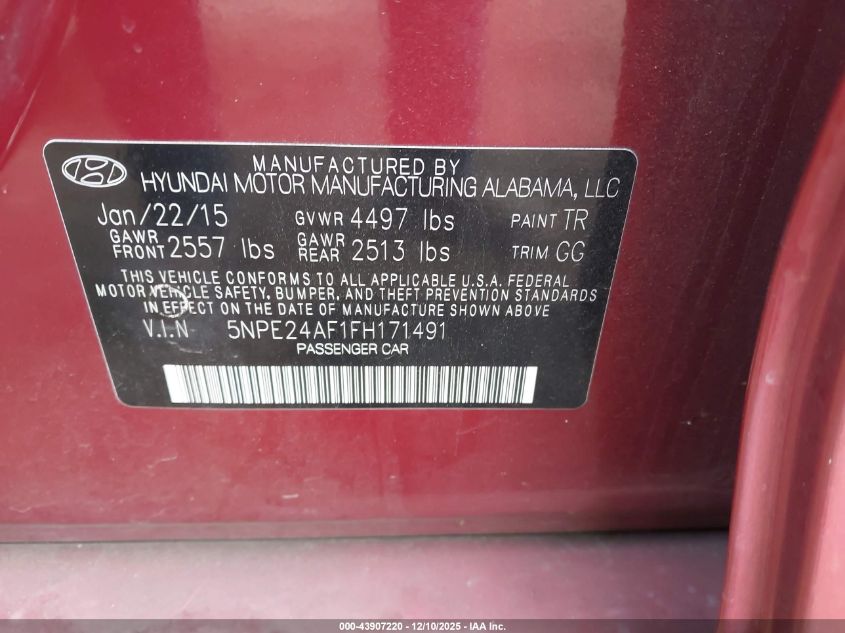 2015 Hyundai Sonata Se VIN: 5NPE24AF1FH171491 Lot: 43907220