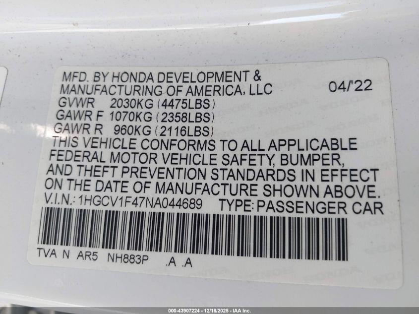 2022 Honda Accord Sport Se VIN: 1HGCV1F47NA044689 Lot: 43907224