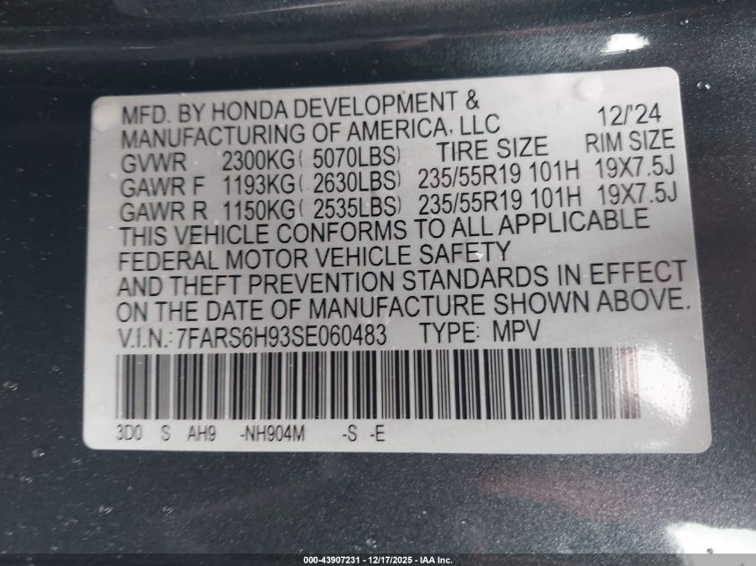 2025 Honda Cr-V Hybrid Sport Touring VIN: 7FARS6H93SE060483 Lot: 43907231