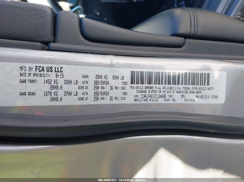 2015 Jeep Grand Cherokee Altitude VIN: 1C4RJFAG1FC124689 Lot: 43907237