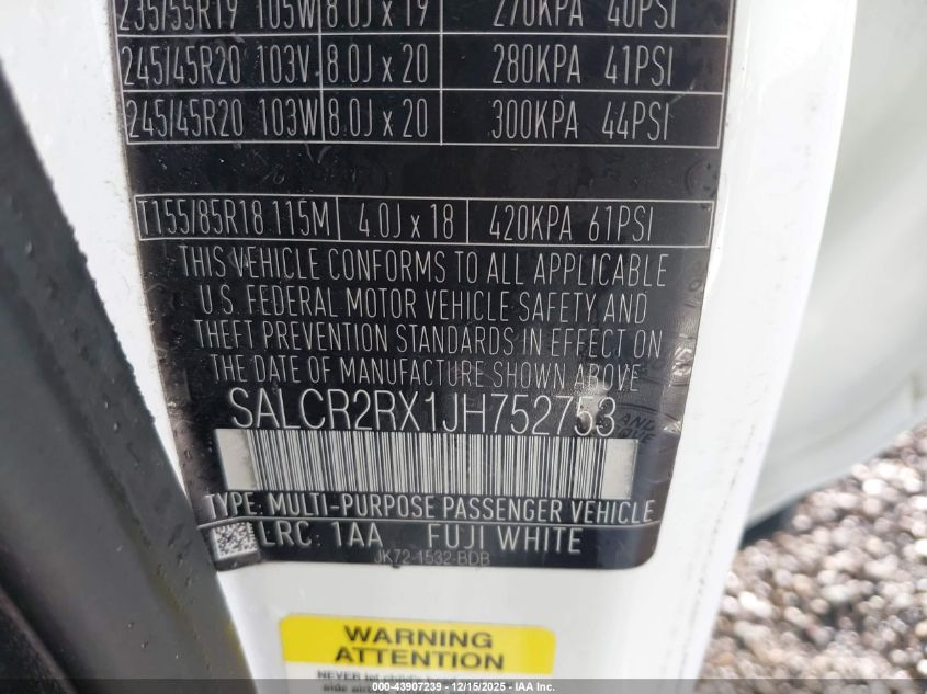 2018 Land Rover Discovery Sport Hse VIN: SALCR2RX1JH752753 Lot: 43907239