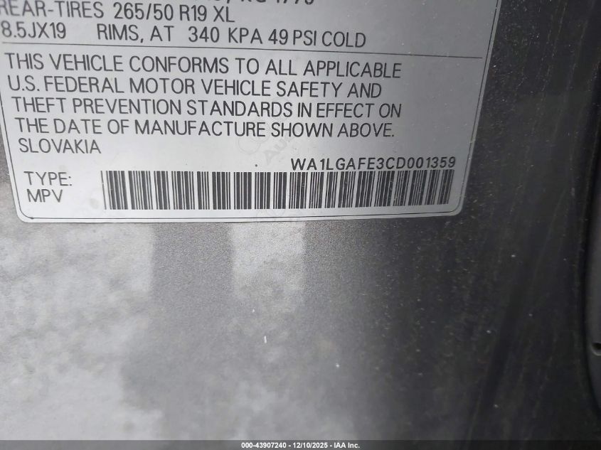 2012 Audi Q7 3.0T Premium VIN: WA1LGAFE3CD001359 Lot: 43907240