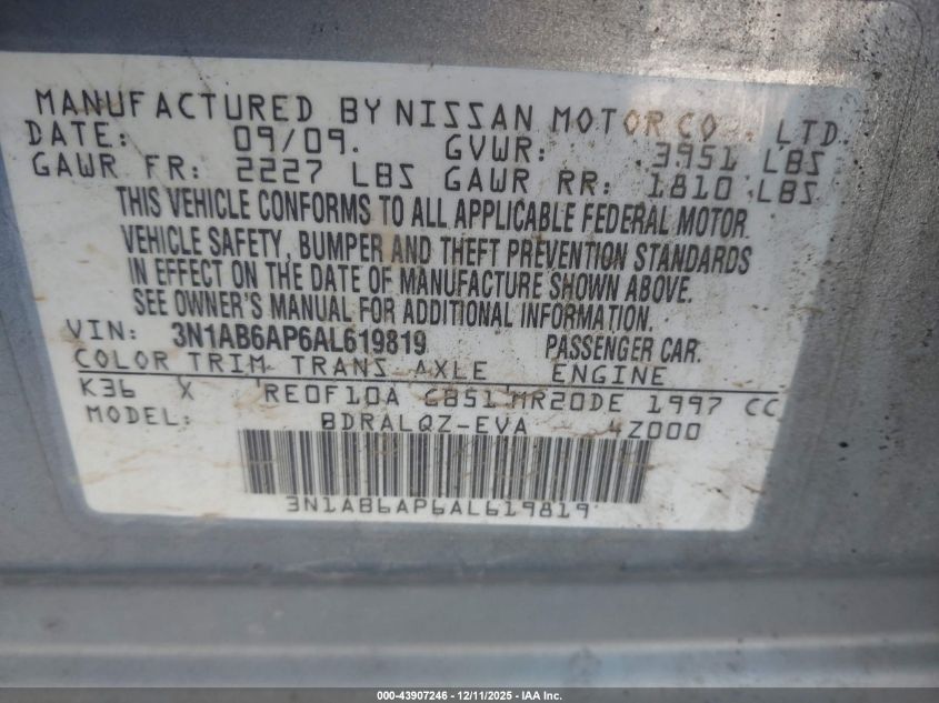 2010 Nissan Sentra 2.0 VIN: 3N1AB6AP6AL619819 Lot: 43907246