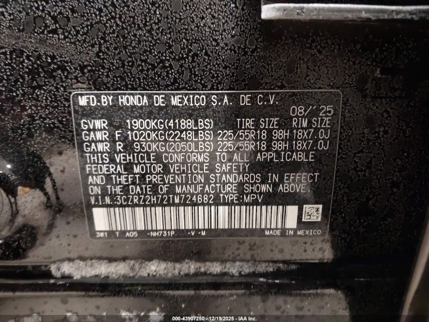 2026 Honda Hr-V Awd Ex-L VIN: 3CZRZ2H72TM724682 Lot: 43907250