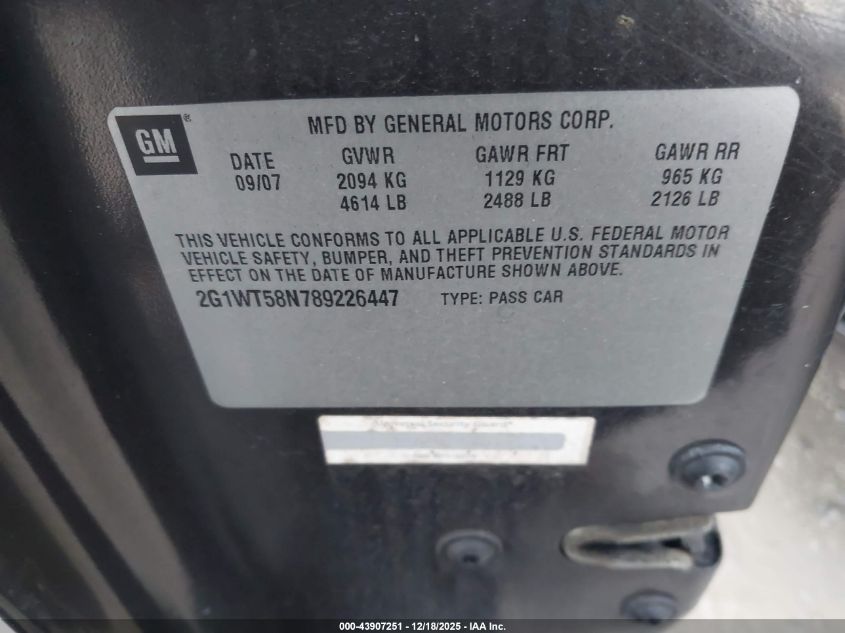 2008 Chevrolet Impala Lt VIN: 2G1WT58N789226447 Lot: 43907251