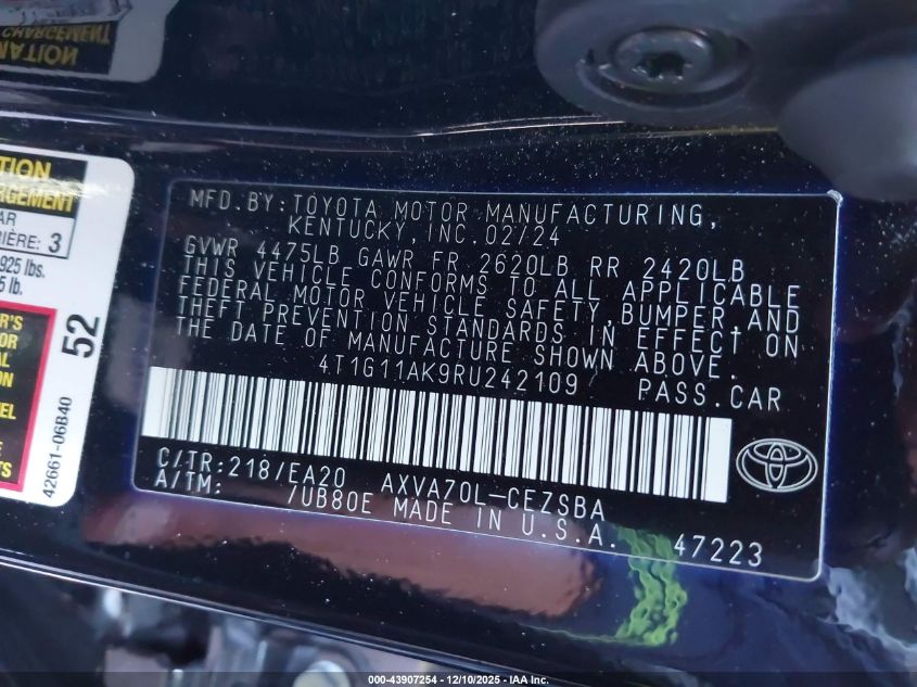 2024 Toyota Camry Se VIN: 4T1G11AK9RU242109 Lot: 43907254