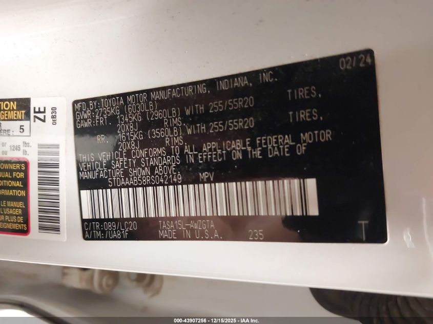 2024 Toyota Grand Highlander Limited VIN: 5TDAAAB58RS042149 Lot: 43907256