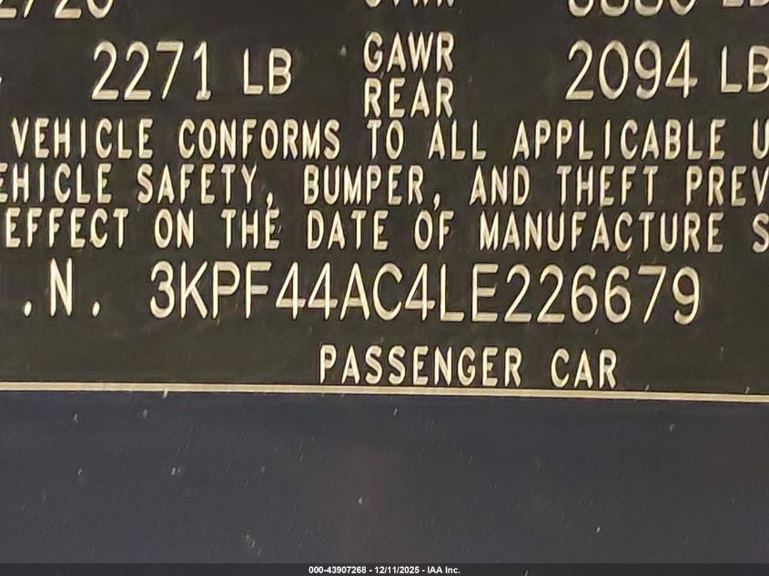 2020 Kia Forte Gt VIN: 3KPF44AC4LE226679 Lot: 43907268