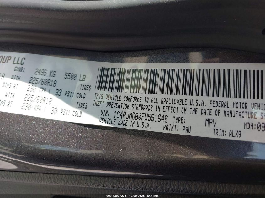 2015 Jeep Cherokee Limited VIN: 1C4PJMDB0FW551646 Lot: 43907275