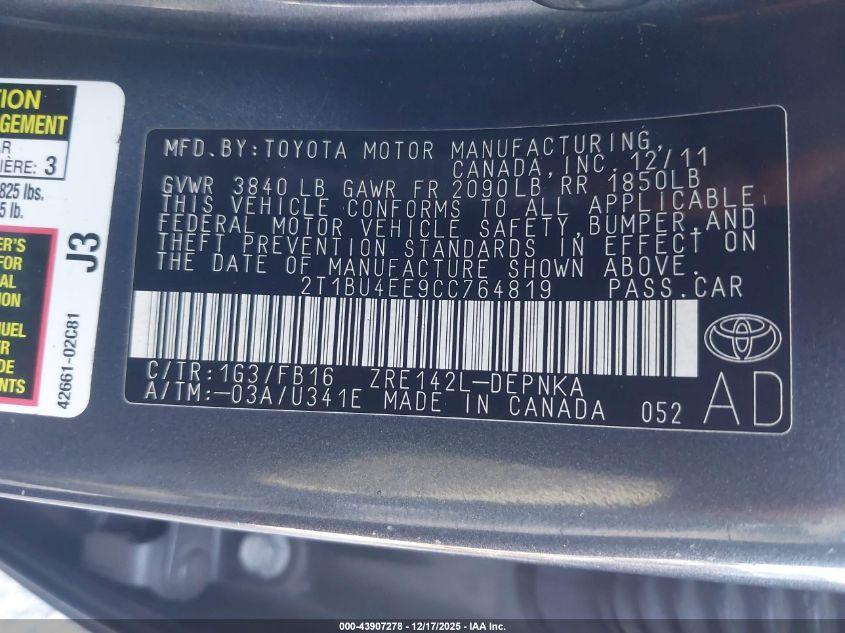 2012 Toyota Corolla Le VIN: 2T1BU4EE9CC764819 Lot: 43907278