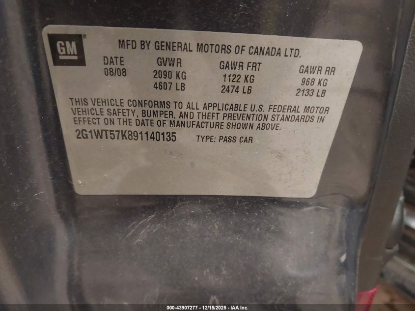 2009 Chevrolet Impala Lt VIN: 2G1WT57K891140135 Lot: 43907277