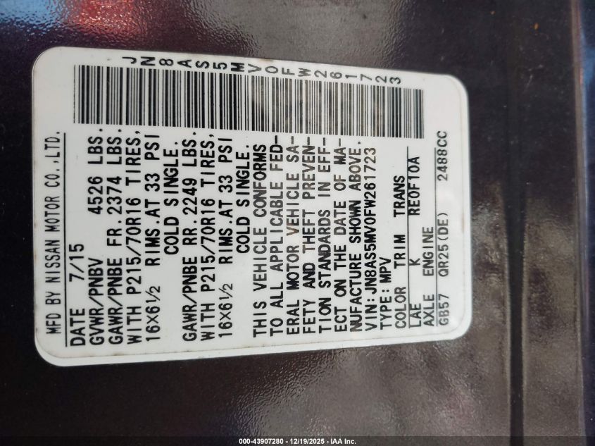 2015 Nissan Rogue Select S VIN: JN8AS5MV0FW261723 Lot: 43907280