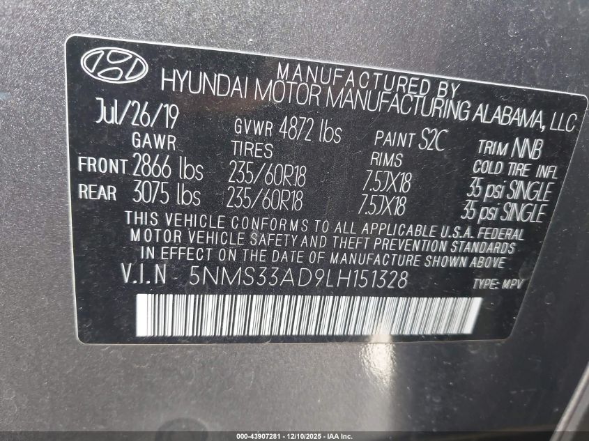 2020 Hyundai Santa Fe Sel VIN: 5NMS33AD9LH151328 Lot: 43907281