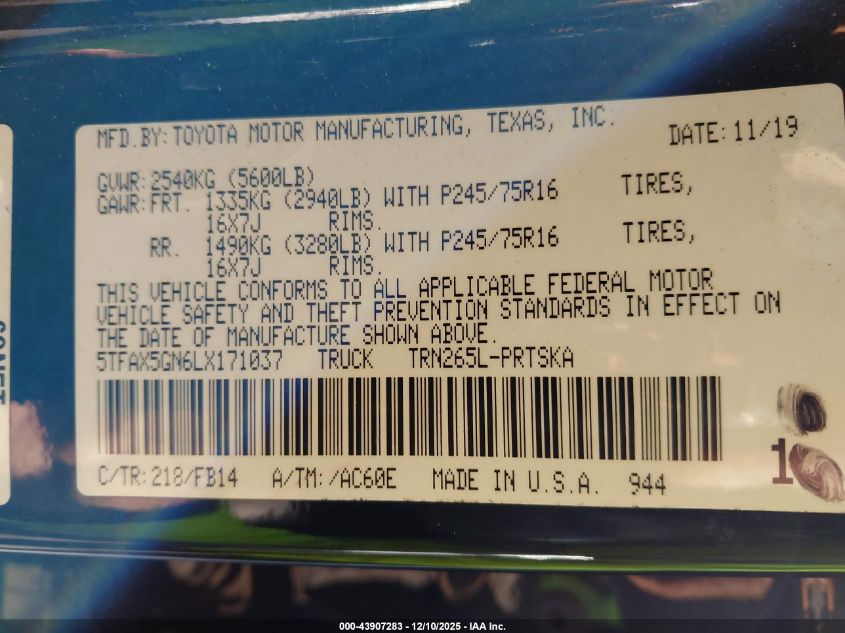 2020 Toyota Tacoma Sr VIN: 5TFAX5GN6LX171037 Lot: 43907283