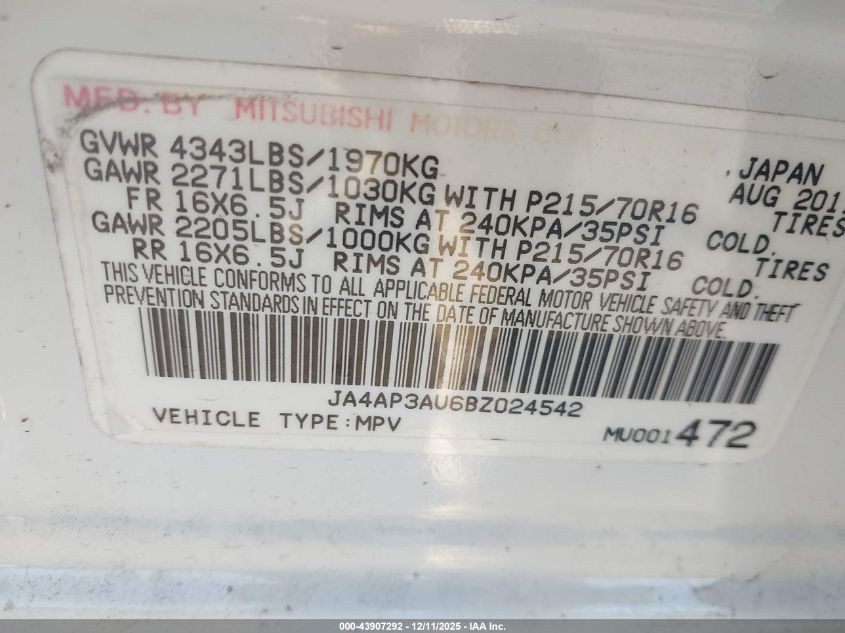 2011 Mitsubishi Outlander Sport Es VIN: JA4AP3AU6BZ024542 Lot: 43907292