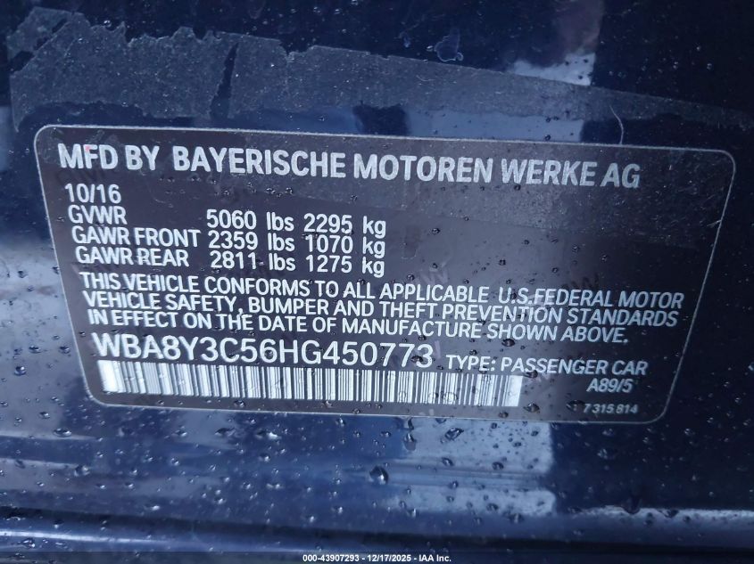 2017 BMW 340I Gran Turismo xDrive VIN: WBA8Y3C56HG450773 Lot: 43907293