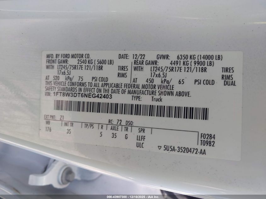 2022 Ford F-350 Xlt VIN: 1FT8W3DT6NEG42403 Lot: 43907300