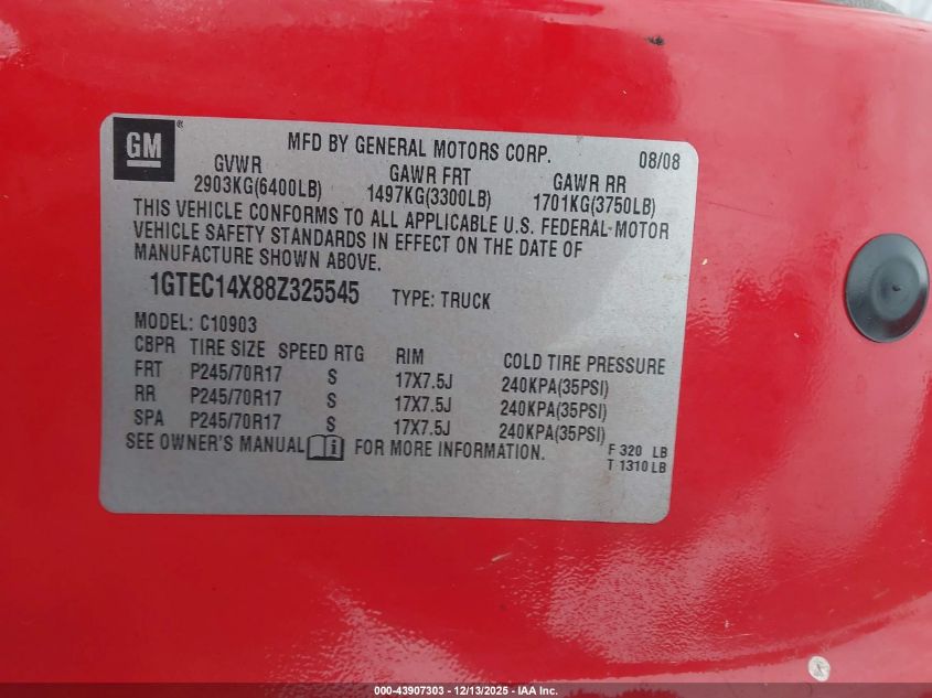 2008 GMC Sierra 1500 Work Truck VIN: 1GTEC14X88Z325545 Lot: 43907303