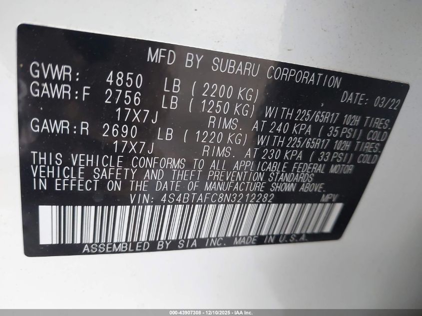 2022 Subaru Outback Premium VIN: 4S4BTAFC8N3212282 Lot: 43907308