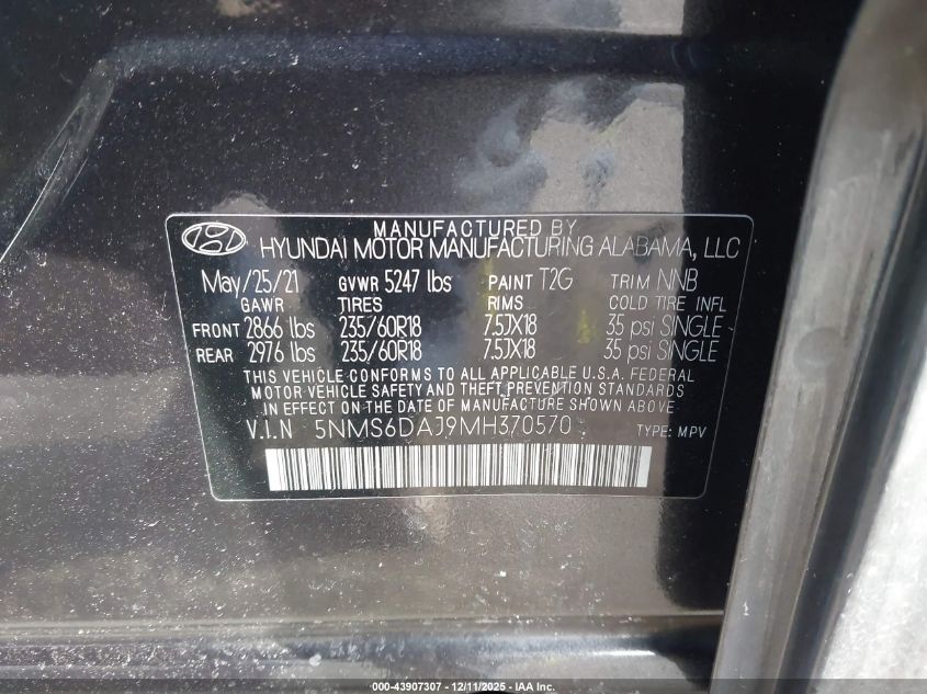 2021 Hyundai Santa Fe Sel VIN: 5NMS6DAJ9MH370570 Lot: 43907307