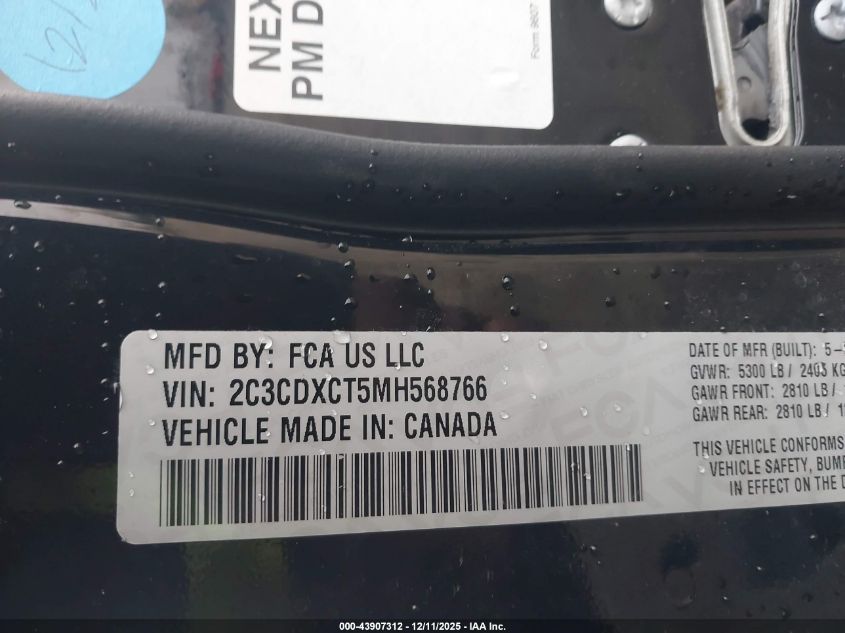 2021 Dodge Charger R/T Rwd VIN: 2C3CDXCT5MH568766 Lot: 43907312