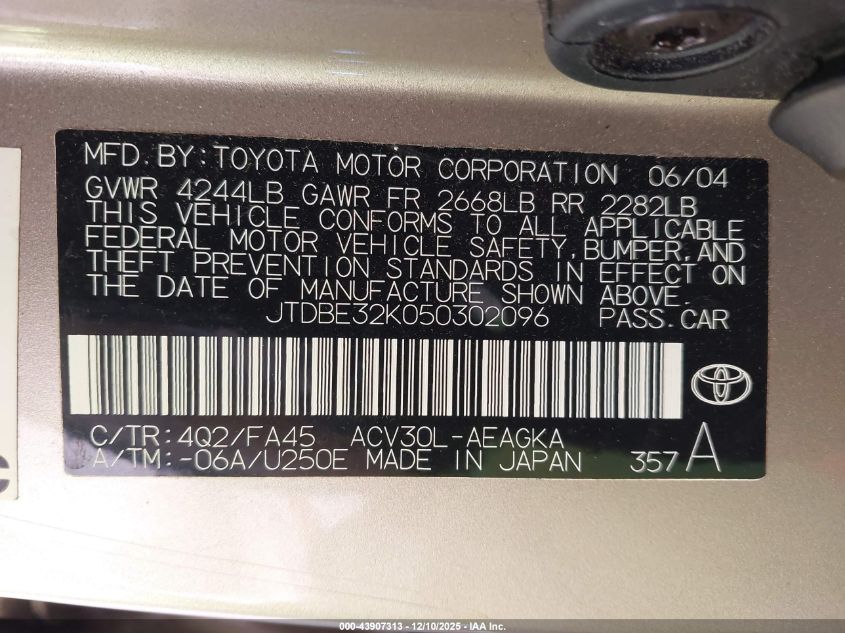 2005 Toyota Camry Le/Se/Std/Xle VIN: JTDBE32K050302096 Lot: 43907313