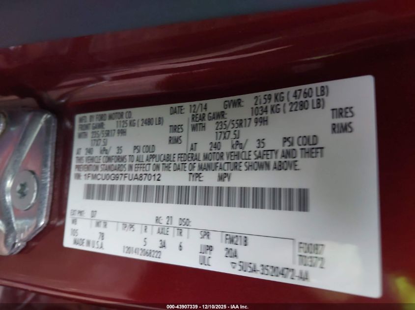 2015 Ford Escape VIN: 1FMCUOG97FUA87012 Lot: 43907339