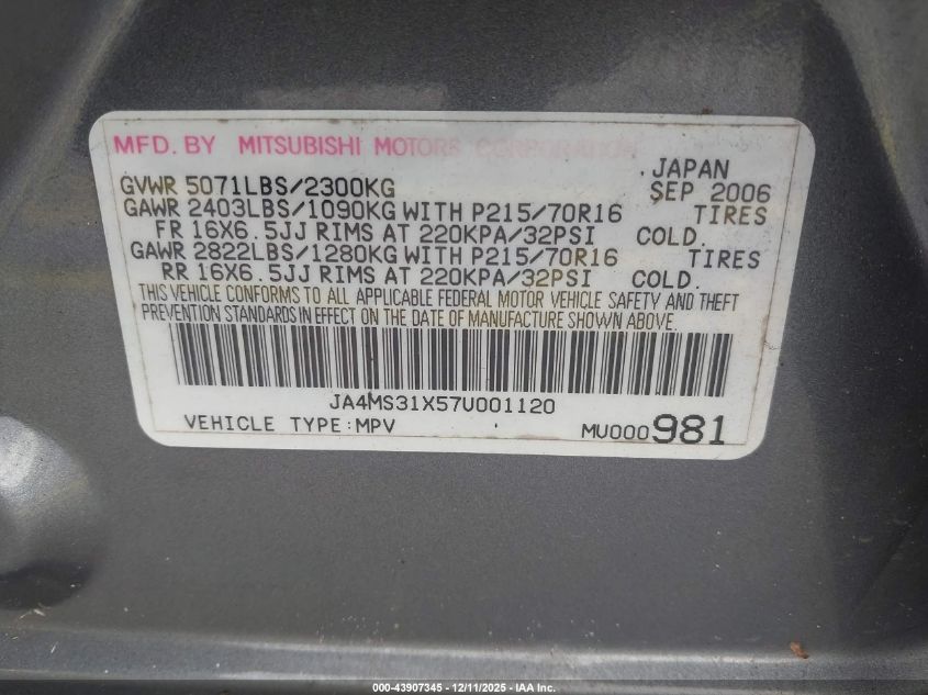 2007 Mitsubishi Outlander Es/Ls VIN: JA4MS31X57U001120 Lot: 43907345