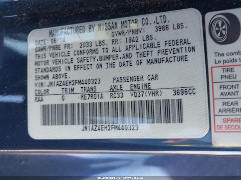 2015 Nissan 370Z VIN: JN1AZ4EH2FM440323 Lot: 43907349