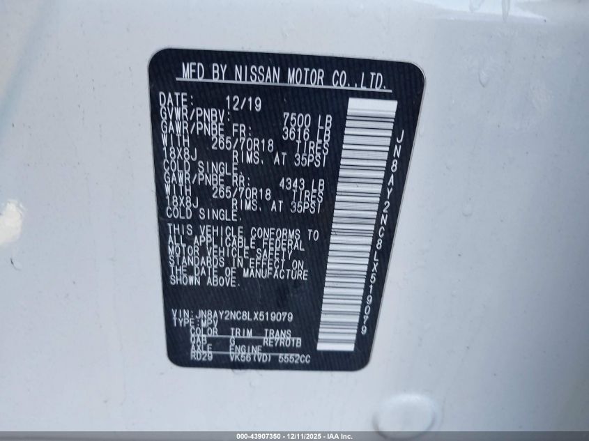 2020 Nissan Armada Sv 4Wd VIN: JN8AY2NC8LX519079 Lot: 43907350