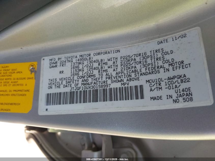 2003 Lexus Rx 300 VIN: JTJGF10UX30158997 Lot: 43907351