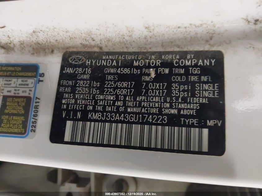 2016 Hyundai Tucson Se VIN: KM8J33A43GU174223 Lot: 43907352