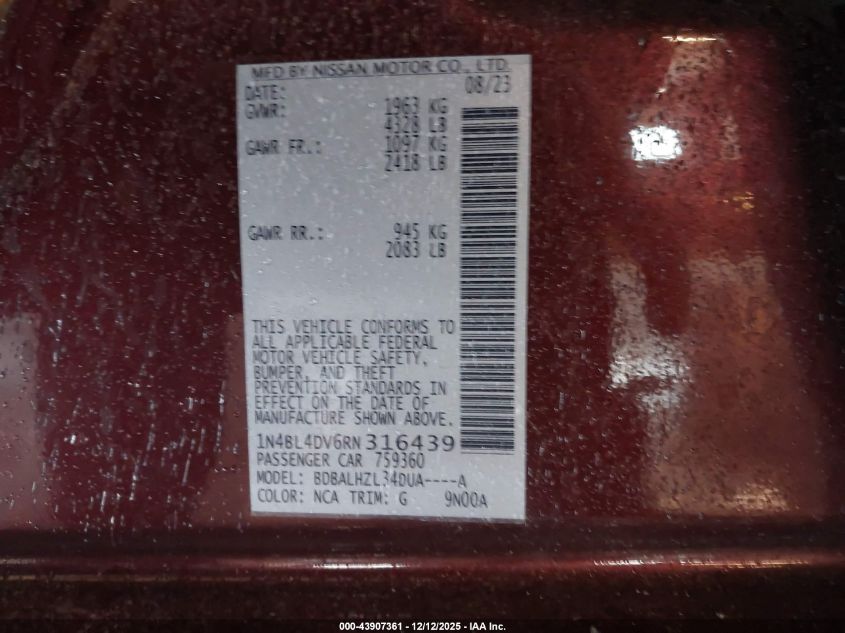 2024 Nissan Altima Sv Fwd VIN: 1N4BL4DV6RN316439 Lot: 43907361