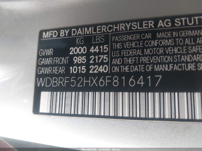 2006 Mercedes-Benz C 230 Sport VIN: WDBRF52HX6F816417 Lot: 43907362